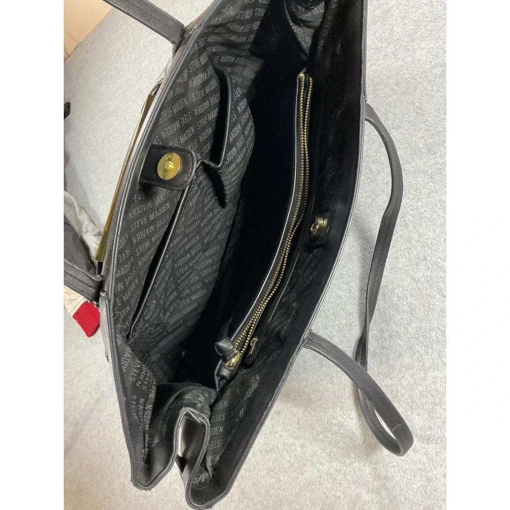 Steve Madden Black Faux Leather Tote Bag Gold Hardware Large Shopper Handbag
